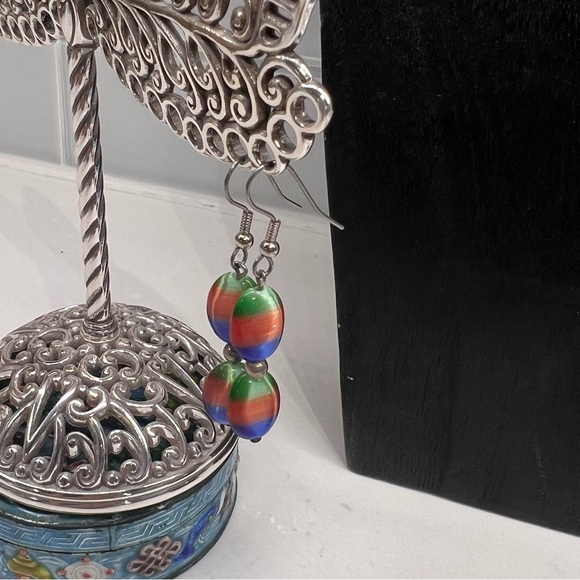 Rainbow Color Cat’s Eye Stone Wire Strung Necklace and Dangle Drop Earrings Set - Picture 4 of 6